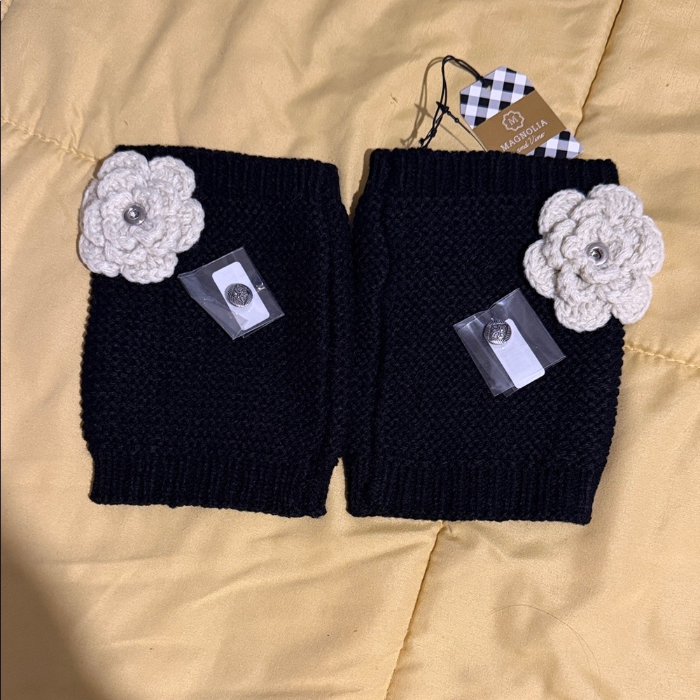 Black Knit Boot Socks with Cream Flower Accents And Snaps